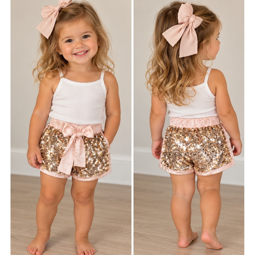 Think Pink Bows Toddler Girl Rose Gold Sequin Satin Bow Shorts & Hair Bow Set 2T